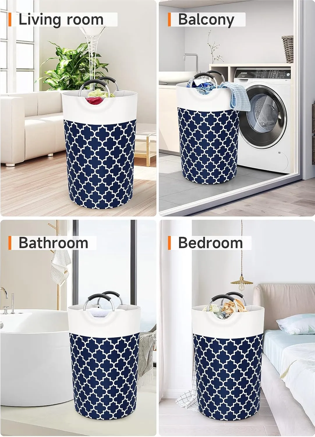 Large Laundry Basket Laundry Hamper Bag Washing Bin Clothes Bag Collapsible Tall with Handles Waterproof Travel Bathroom College Essentials Storage for College Dorm, Family (Blue) 115L