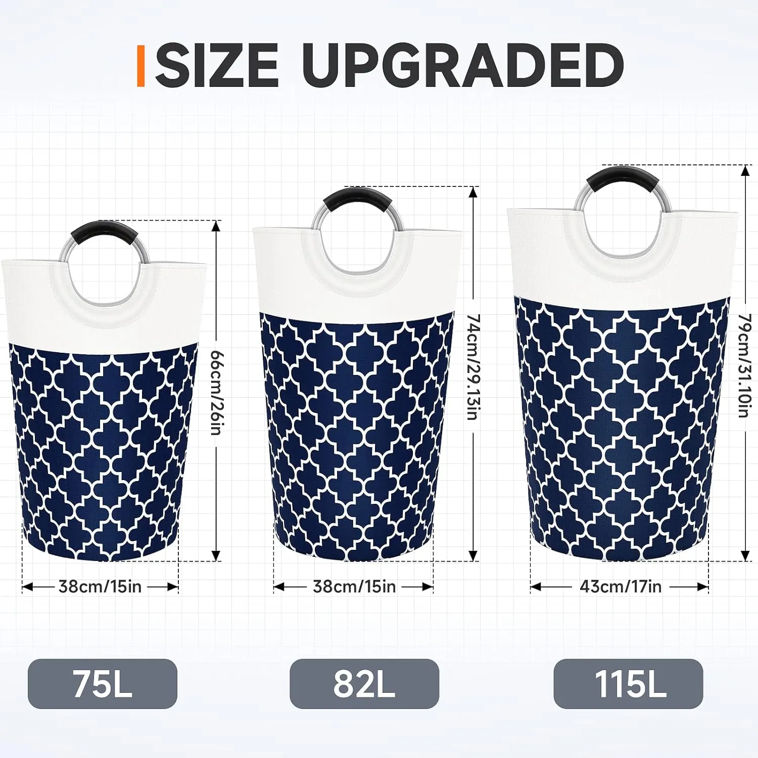 Large Laundry Basket Laundry Hamper Bag Washing Bin Clothes Bag Collapsible Tall with Handles Waterproof Travel Bathroom College Essentials Storage for College Dorm, Family (Blue) 115L