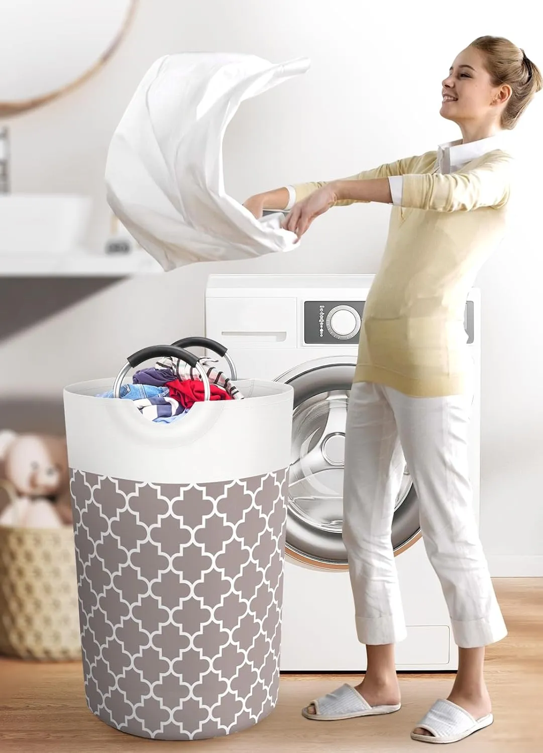Large Laundry Basket Laundry Hamper Bag Washing Bin Clothes Bag Collapsible Tall with Handles Waterproof Travel Bathroom College Essentials Storage for College Dorm, Family (Khaki) 115L