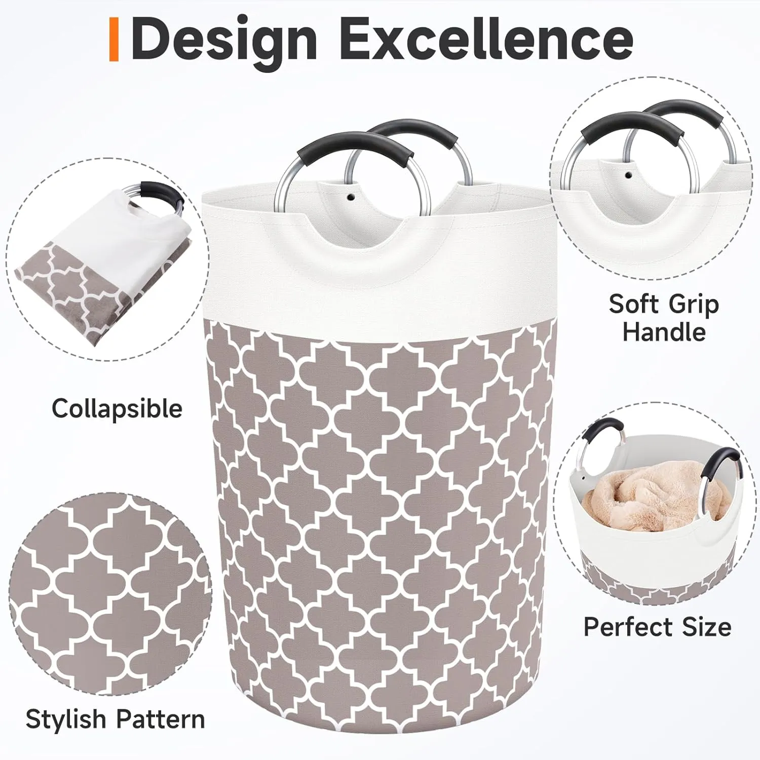 Large Laundry Basket Laundry Hamper Bag Washing Bin Clothes Bag Collapsible Tall with Handles Waterproof Travel Bathroom College Essentials Storage for College Dorm, Family (Khaki) 115L