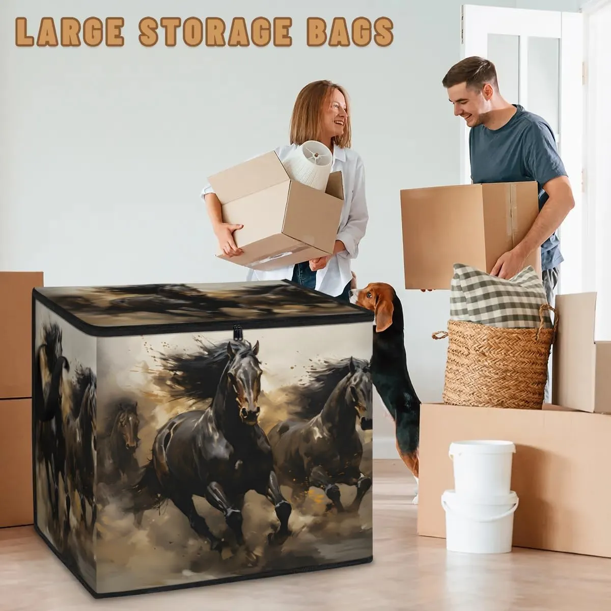 Large Storage Bags Beautiful Horse Theme Closet Organizer Foldable Clothes Storage Bins with Handles Storage Containers for Blanket Comforter Pillow