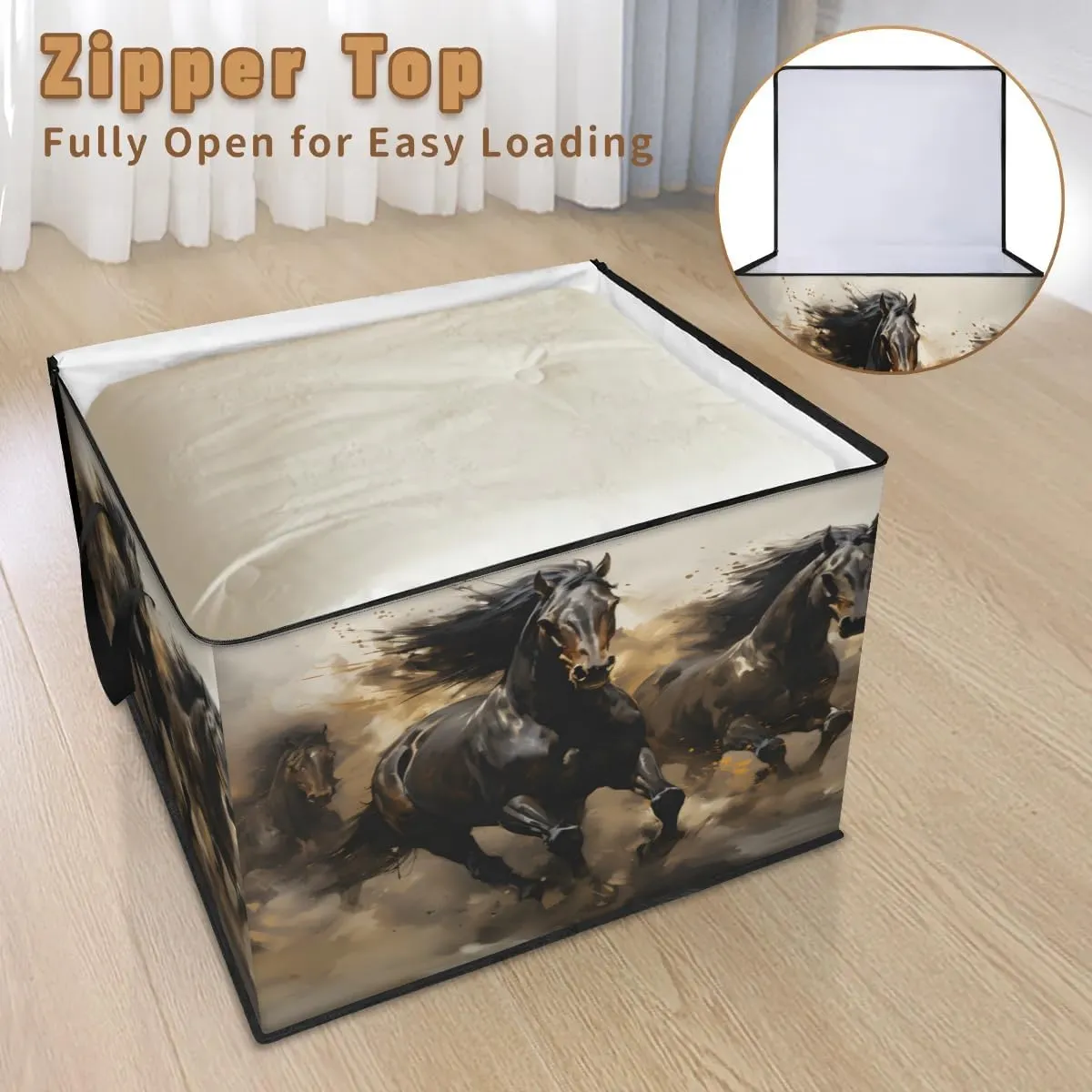 Large Storage Bags Beautiful Horse Theme Closet Organizer Foldable Clothes Storage Bins with Handles Storage Containers for Blanket Comforter Pillow