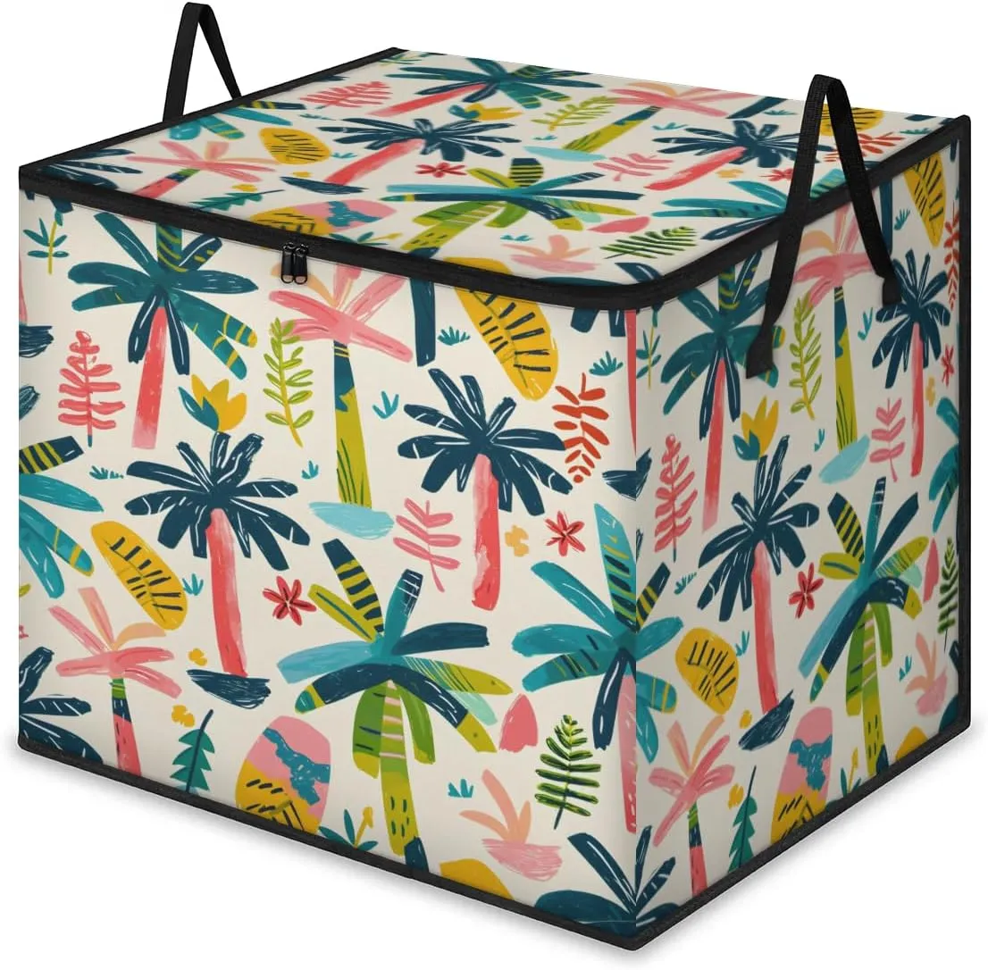 Large Storage Bags Cartoon Coconut Tree Closet Organizer Foldable Clothes Storage Bins with Handles Storage Containers for Blanket Comforter Pillow