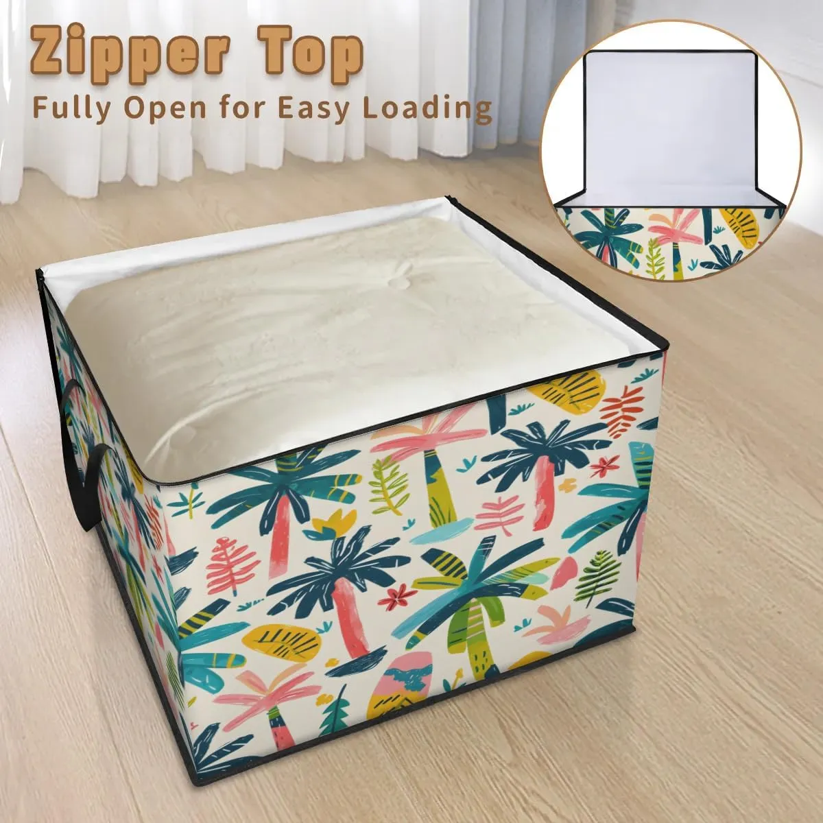 Large Storage Bags Cartoon Coconut Tree Closet Organizer Foldable Clothes Storage Bins with Handles Storage Containers for Blanket Comforter Pillow