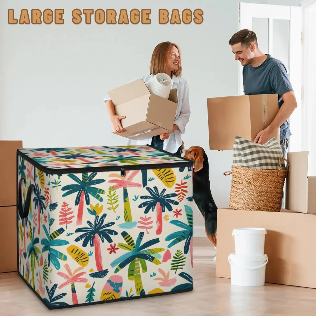 Large Storage Bags Cartoon Coconut Tree Closet Organizer Foldable Clothes Storage Bins with Handles Storage Containers for Blanket Comforter Pillow