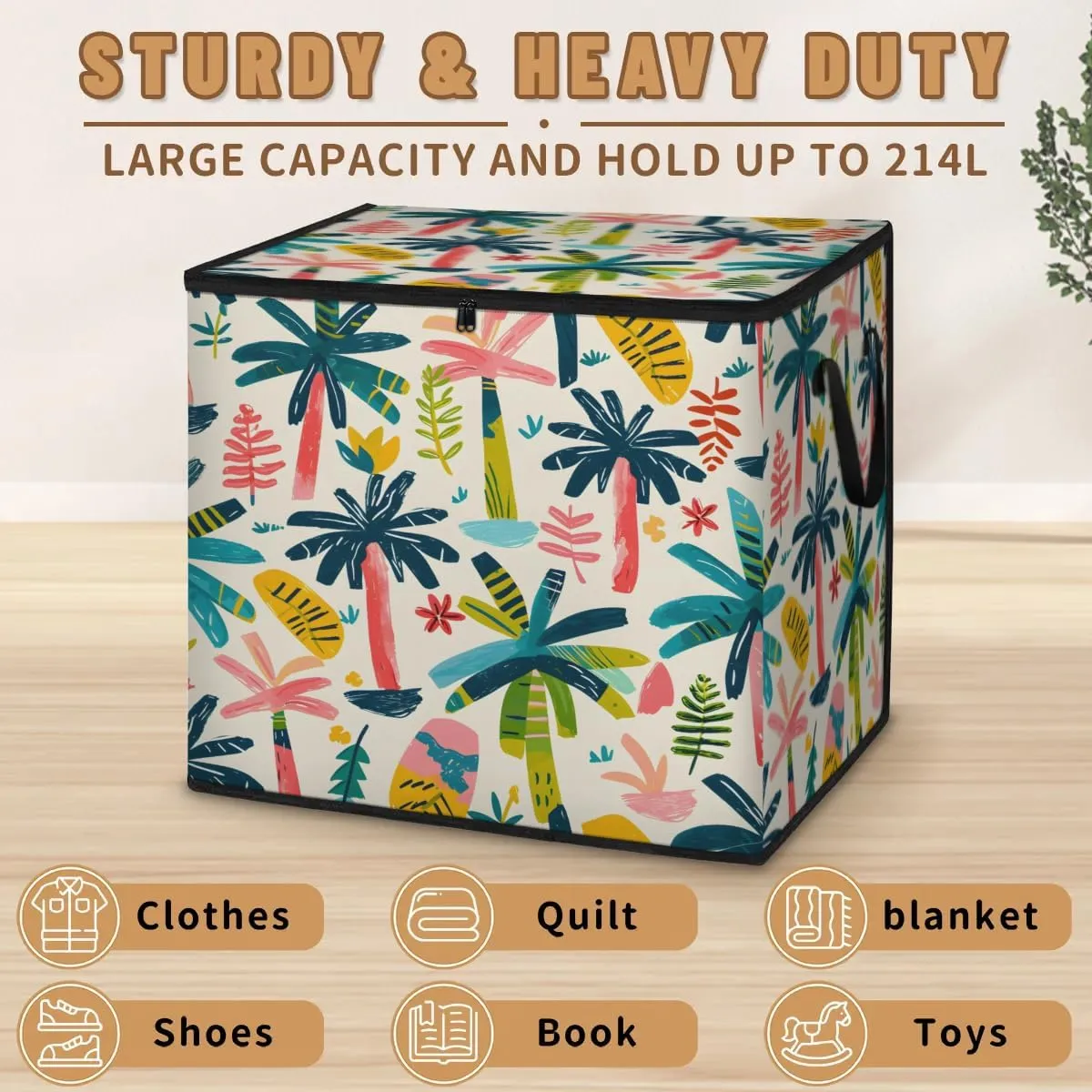 Large Storage Bags Cartoon Coconut Tree Closet Organizer Foldable Clothes Storage Bins with Handles Storage Containers for Blanket Comforter Pillow