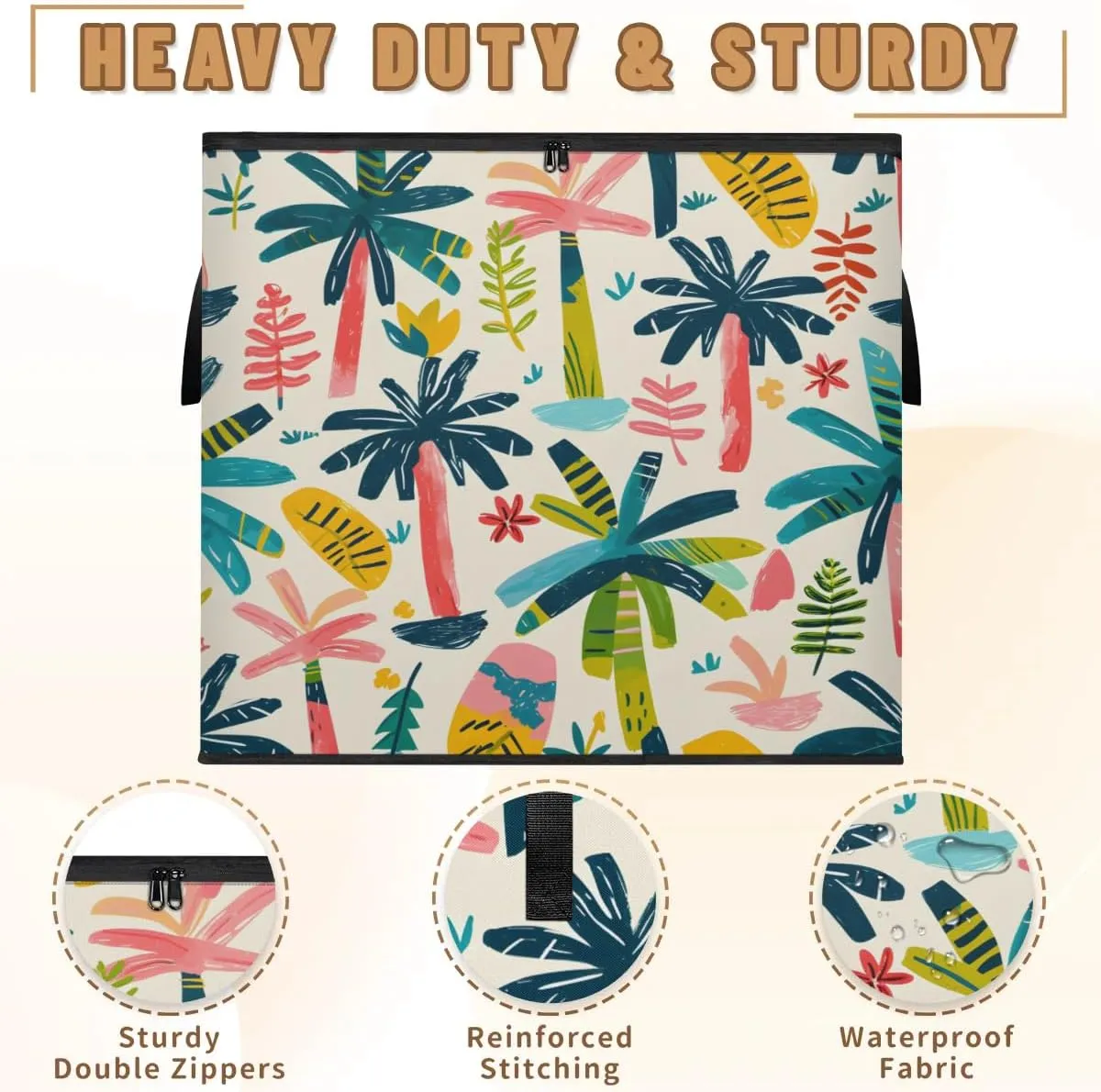 Large Storage Bags Cartoon Coconut Tree Closet Organizer Foldable Clothes Storage Bins with Handles Storage Containers for Blanket Comforter Pillow