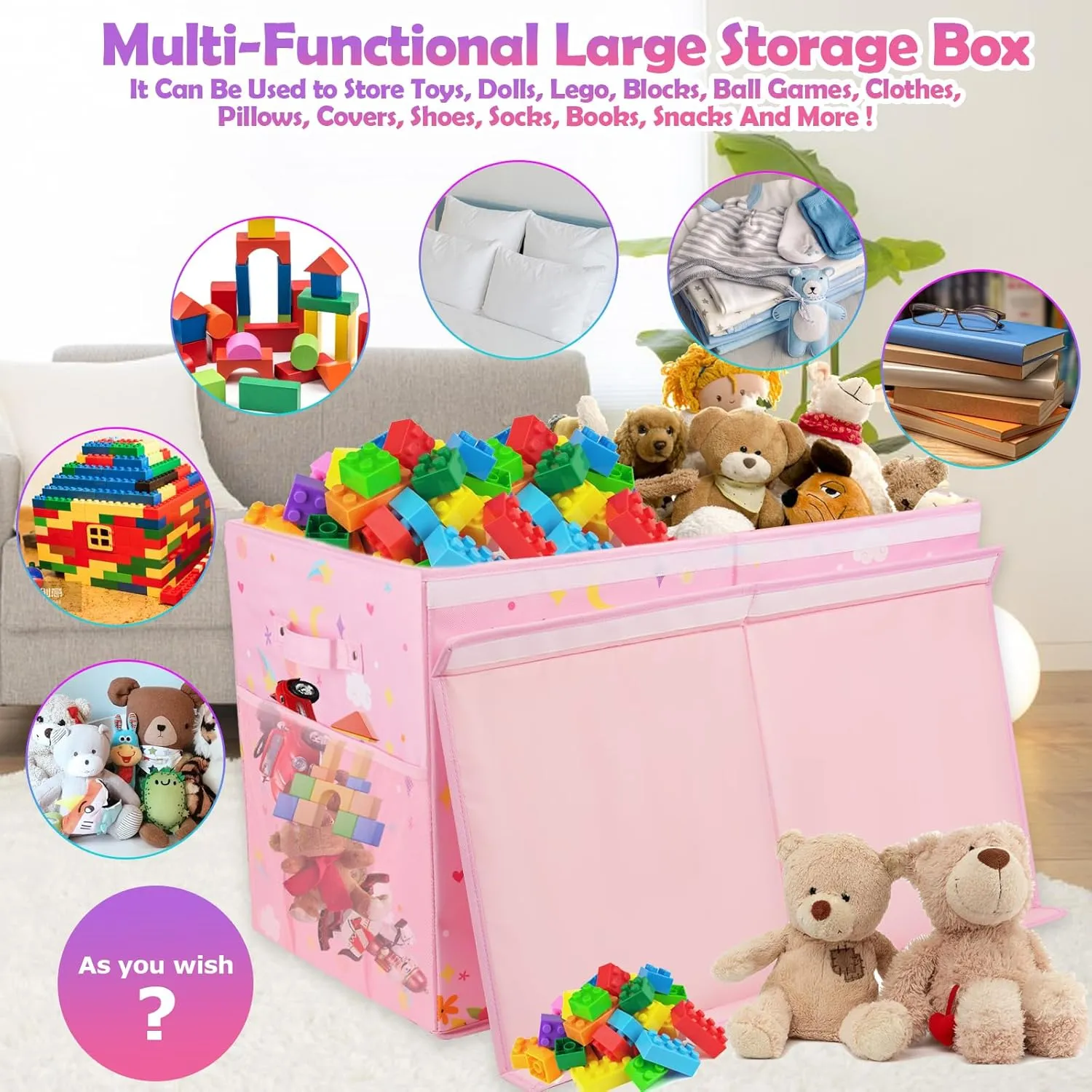 Large Toy Box, Collapsible Sturdy Kids Storage Organizer for Boys Girls, 25"x13"x16" Storage Box with Lids, Toy Chest Bins Basket for Living Room, Playroom, Nursery, Pink