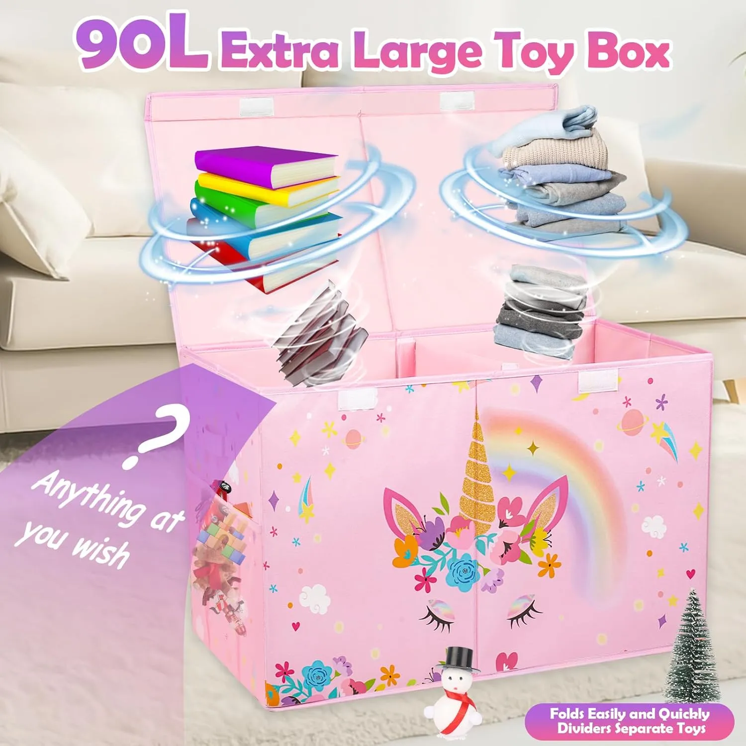 Large Toy Box, Collapsible Sturdy Kids Storage Organizer for Boys Girls, 25"x13"x16" Storage Box with Lids, Toy Chest Bins Basket for Living Room, Playroom, Nursery, Pink