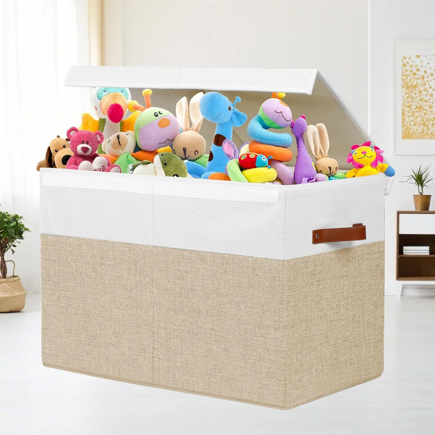 Large Toy Storage Box with Lid, Sturdy Toys Storage Chest Bin Organizer Basket with Dividers for Kids, Boys, Girls, Nursery, Closet, Bedroom, Playroom 25"x13" x16" (Beige and White)