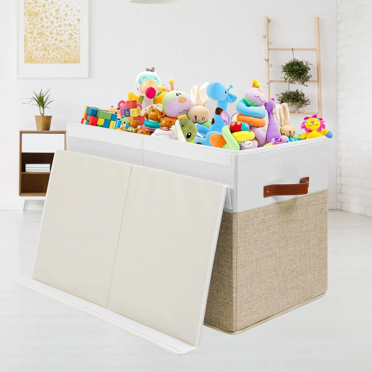 Large Toy Storage Box with Lid, Sturdy Toys Storage Chest Bin Organizer Basket with Dividers for Kids, Boys, Girls, Nursery, Closet, Bedroom, Playroom 25"x13" x16" (Beige and White)