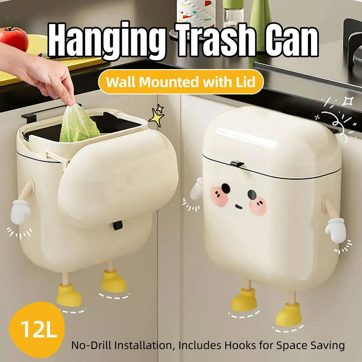 Large Waterproof Wall Mounted Rubbish Bin for Kitchen Bathroom Waste Storage