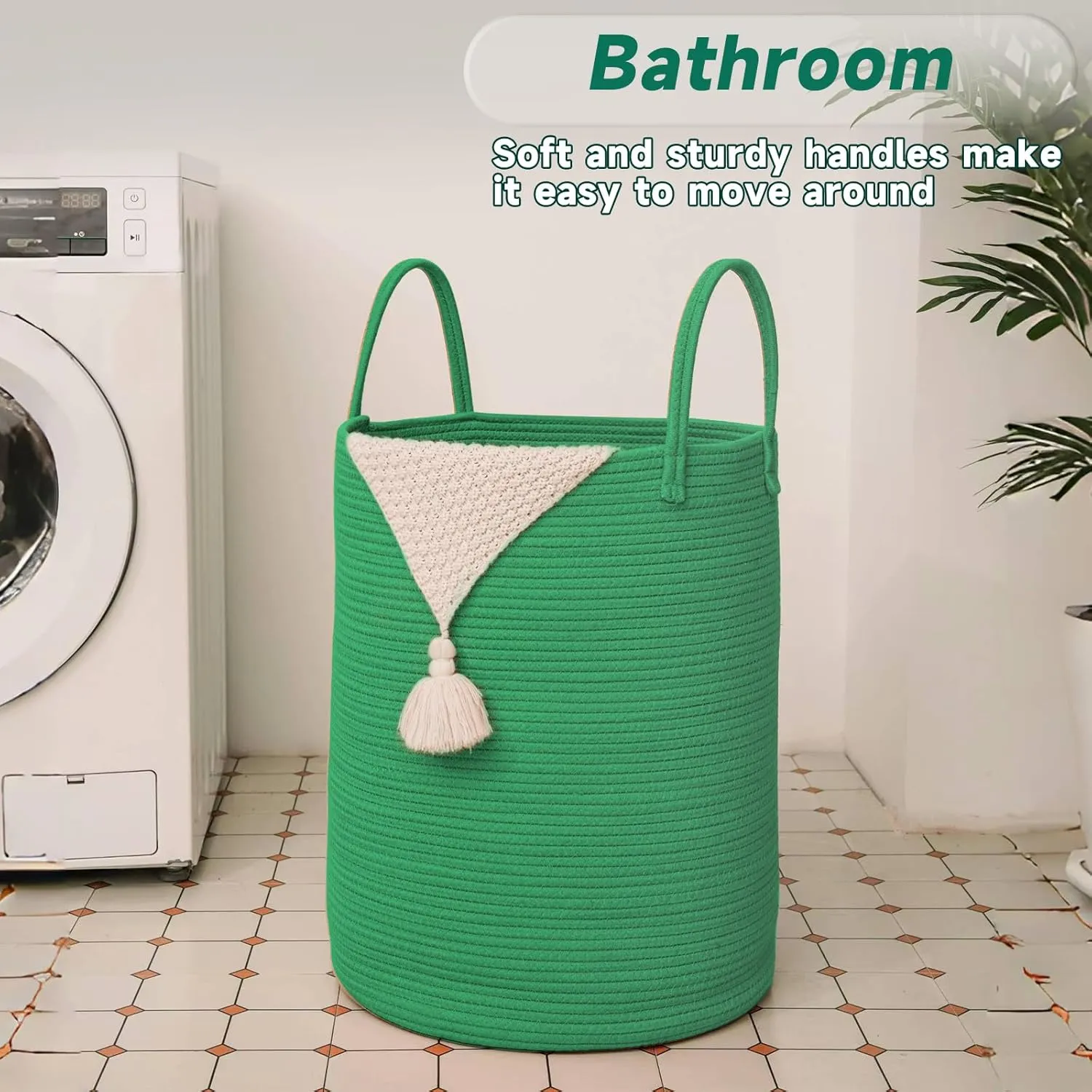 Large Woven Laundry Basket Hamper,60L Cotton Rope Storage Bin for Blankets,Toys and Clothes,Decorative Tall Nursery Hamper for Living Room,Baby Nursery,Bathroom and Bedroom,Dark Green