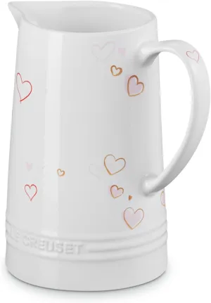 Le Creuset Mon Coeur Collection Stoneware Signature Pitcher, 1.6 Qt., White with Hearts