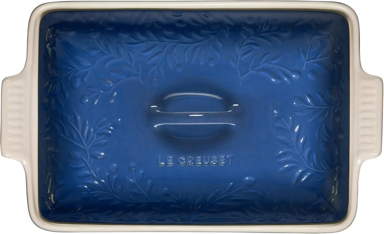 Le Creuset Olive Branch Collection Stoneware Heritage Covered Rectangular Casserole, 4 qt., Marseille with Embossed Lid