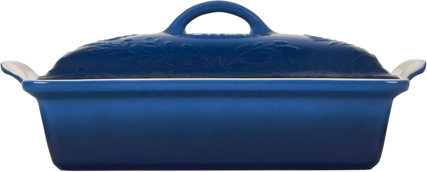 Le Creuset Olive Branch Collection Stoneware Heritage Covered Rectangular Casserole, 4 qt., Marseille with Embossed Lid
