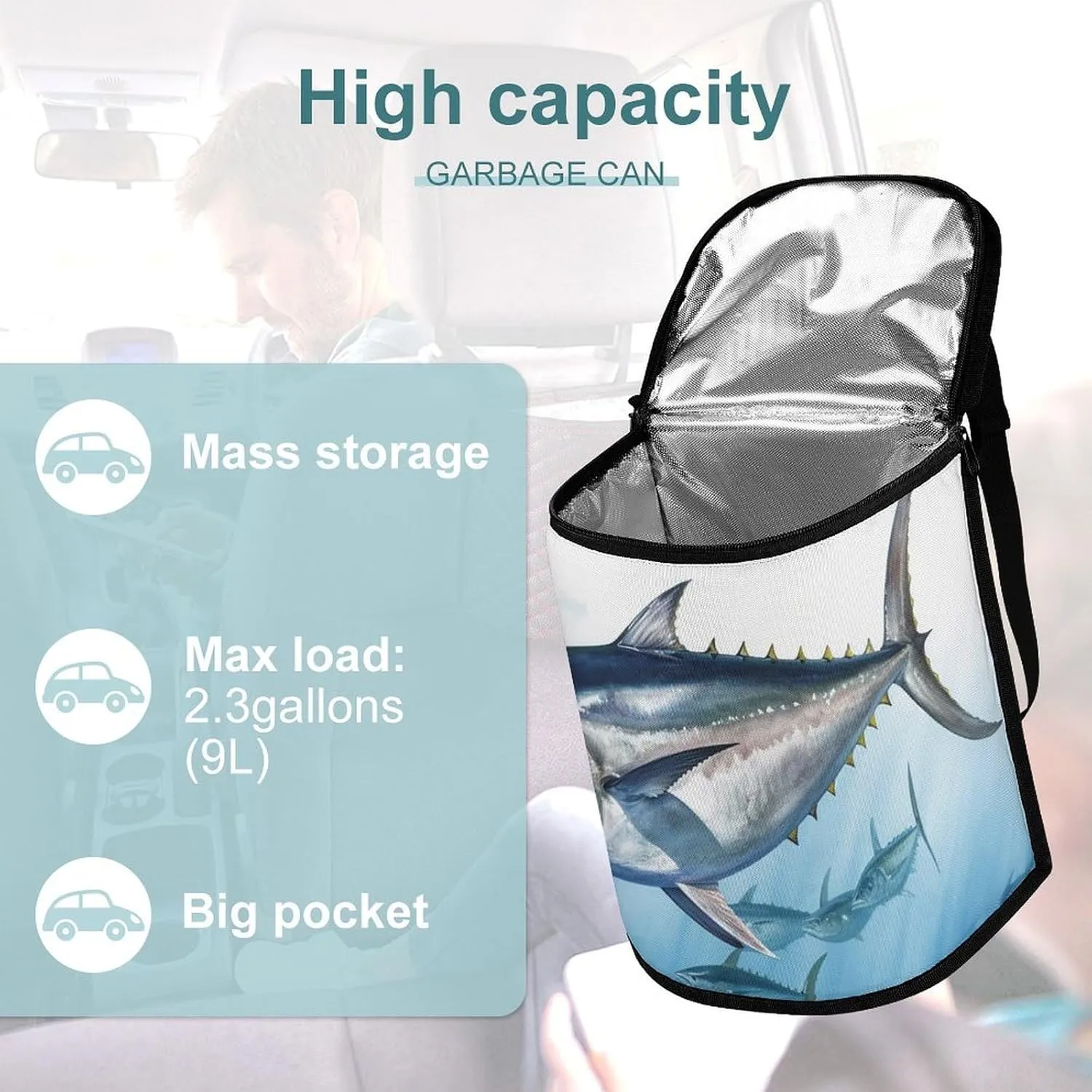 Leak Proof Waterproof Car Trash Can Bluefin Tuna Thunnus Hanging Trash Bag for Any Car