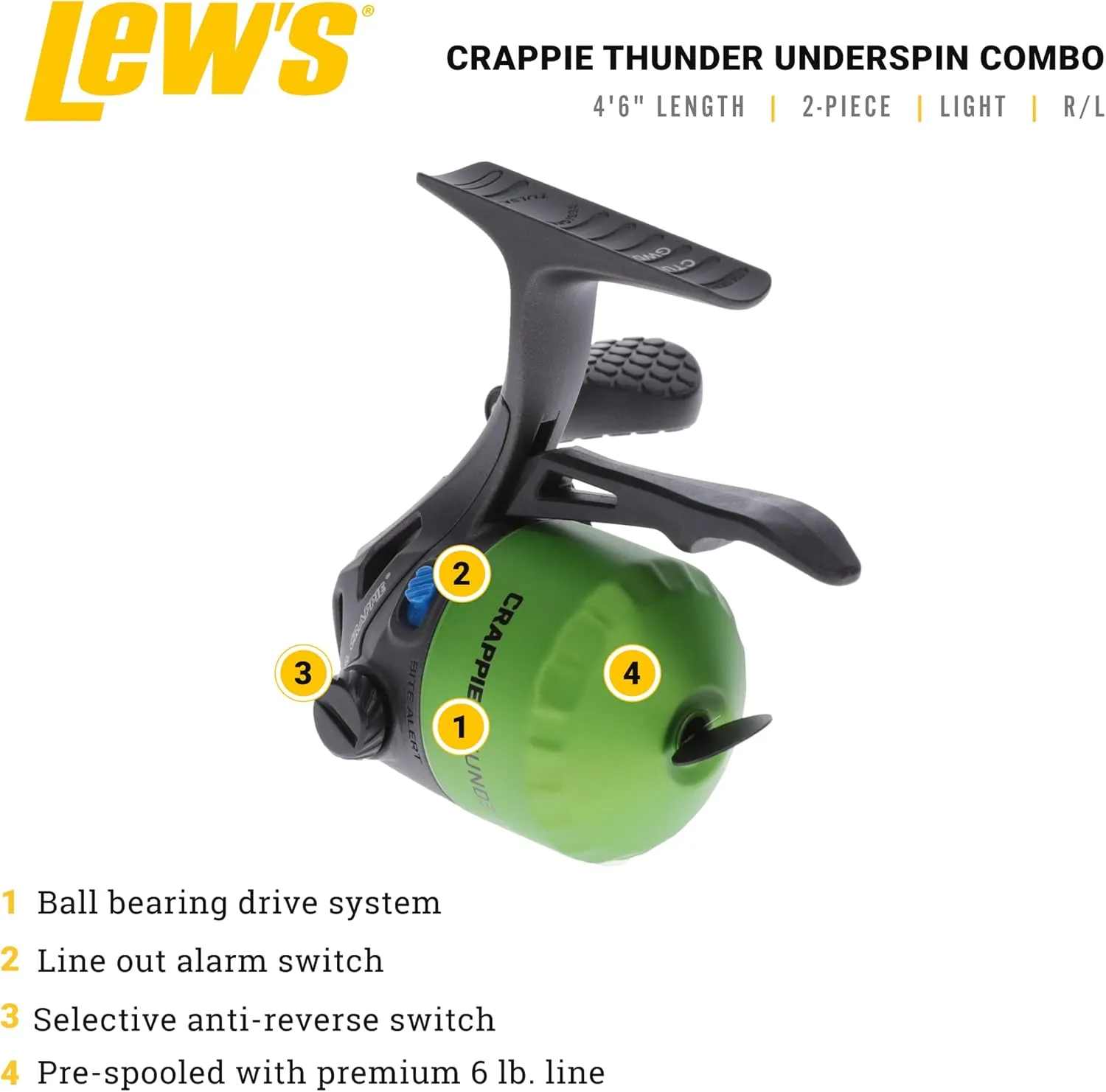 Lew's Crappie Thunder Jig/Troll Underspin Reel and Fishing Rod Combo, 9-Foot 2-Piece Graphite Blank, Right or Left-Hand Retrieve, Crappie Thunder Green