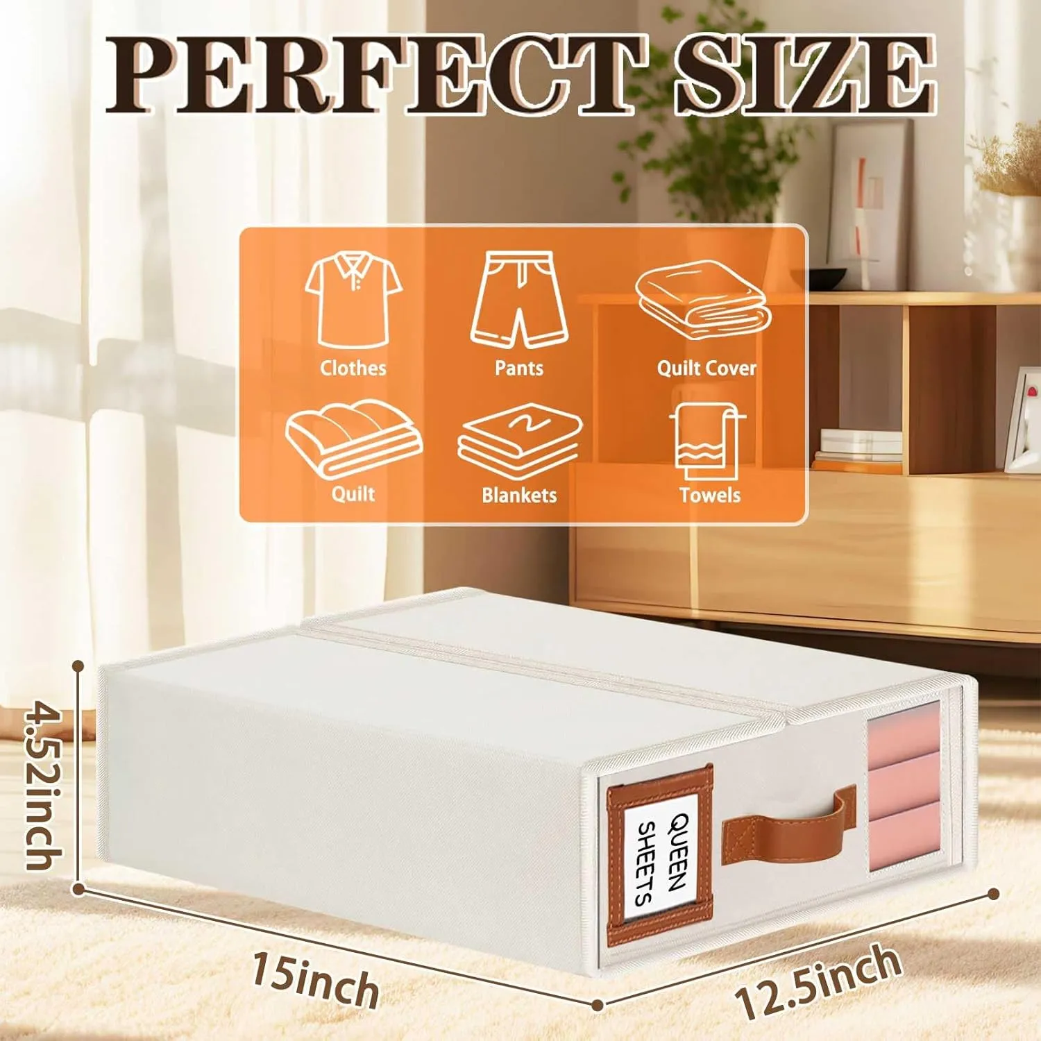 LHZK Foldable Bed Sheet Organizers and Storage - 5 Pack (Queen & King Size), Leather Handle, Window and Label, Beige