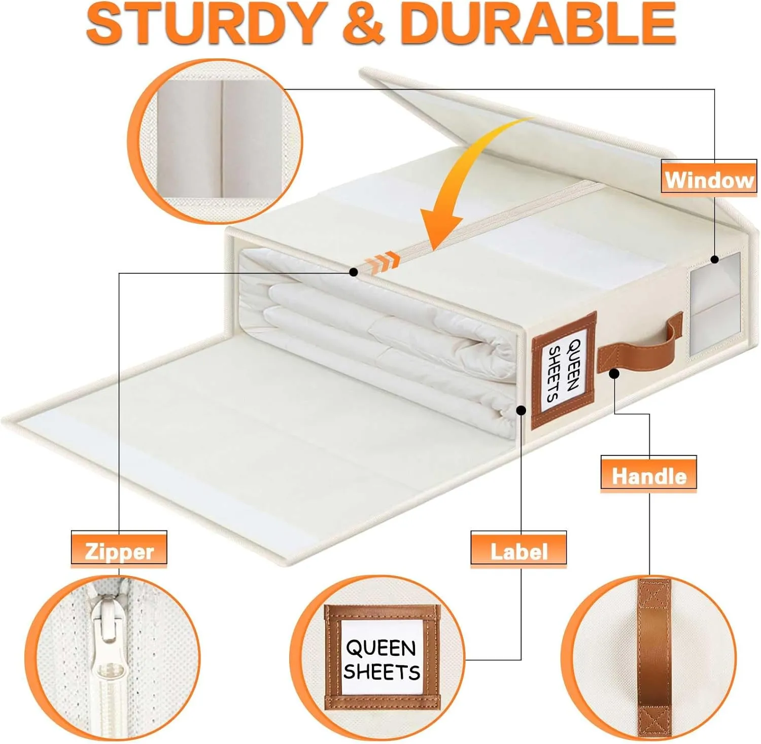 LHZK Foldable Bed Sheet Organizers and Storage - 5 Pack (Queen & King Size), Leather Handle, Window and Label, Beige