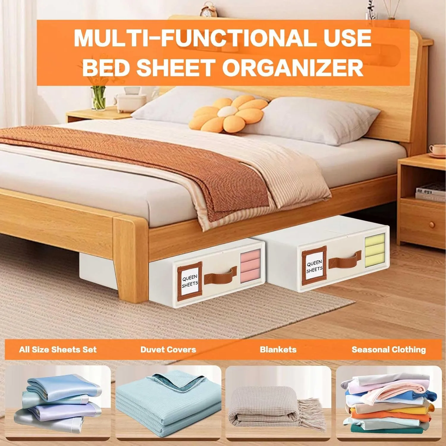LHZK Foldable Bed Sheet Organizers and Storage - 5 Pack (Queen & King Size), Leather Handle, Window and Label, Beige