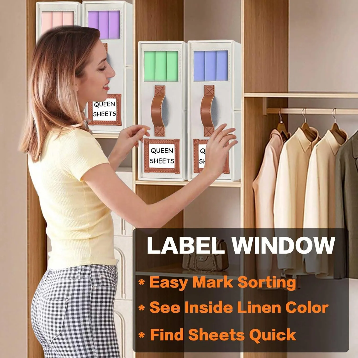 LHZK Foldable Bed Sheet Organizers and Storage - 5 Pack (Queen & King Size), Leather Handle, Window and Label, Beige