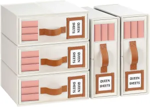 LHZK Foldable Bed Sheet Organizers and Storage - 5 Pack (Queen & King Size), Leather Handle, Window and Label, Beige