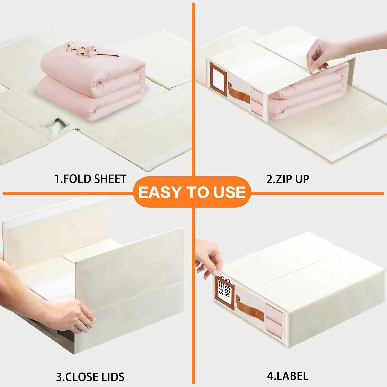 LHZK Foldable Bed Sheet Organizers and Storage - 5 Pack (Queen & King Size), Leather Handle, Window and Label, Beige