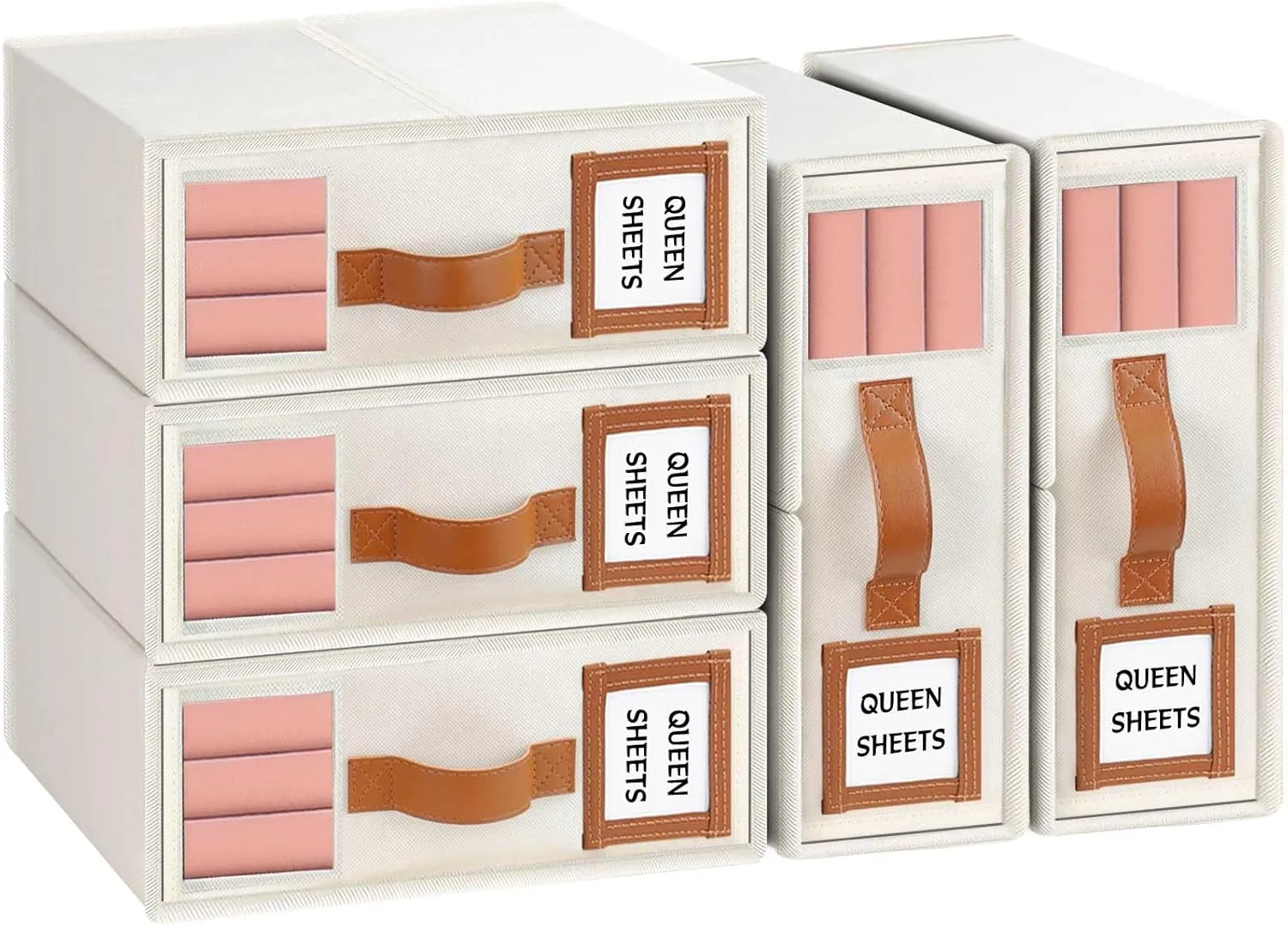 LHZK Foldable Bed Sheet Organizers and Storage - 5 Pack (Queen & King Size), Leather Handle, Window and Label, Beige