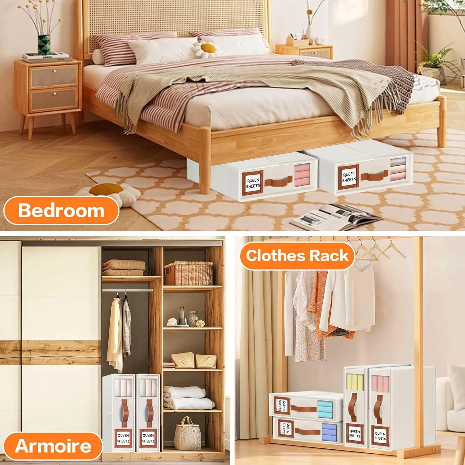 LHZK Foldable Bed Sheet Organizers and Storage - 5 Pack (Queen & King Size), Leather Handle, Window and Label, Beige