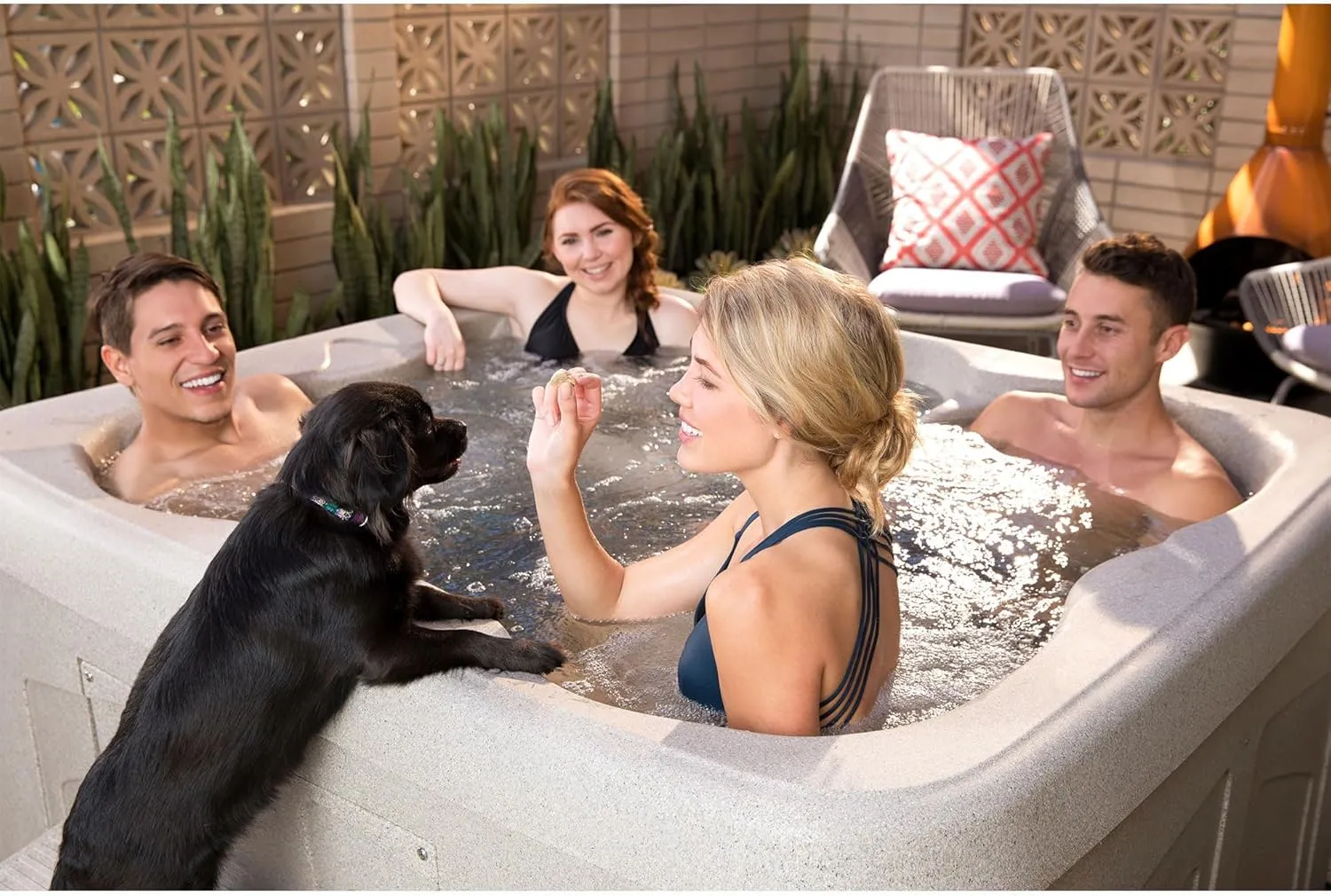 LifeSmart 4-Person Hot Tub with 13 High-Powered Jets & LED Lighting, Square, Taupe - Outdoor Spa w/ 4 Bucket Seats, Pump & Cover, 205-Gallon Water Capacity