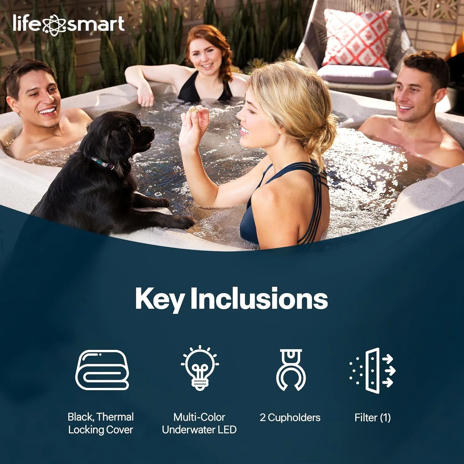 LifeSmart 4-Person Hot Tub with 13 High-Powered Jets & LED Lighting, Square, Taupe - Outdoor Spa w/ 4 Bucket Seats, Pump & Cover, 205-Gallon Water Capacity