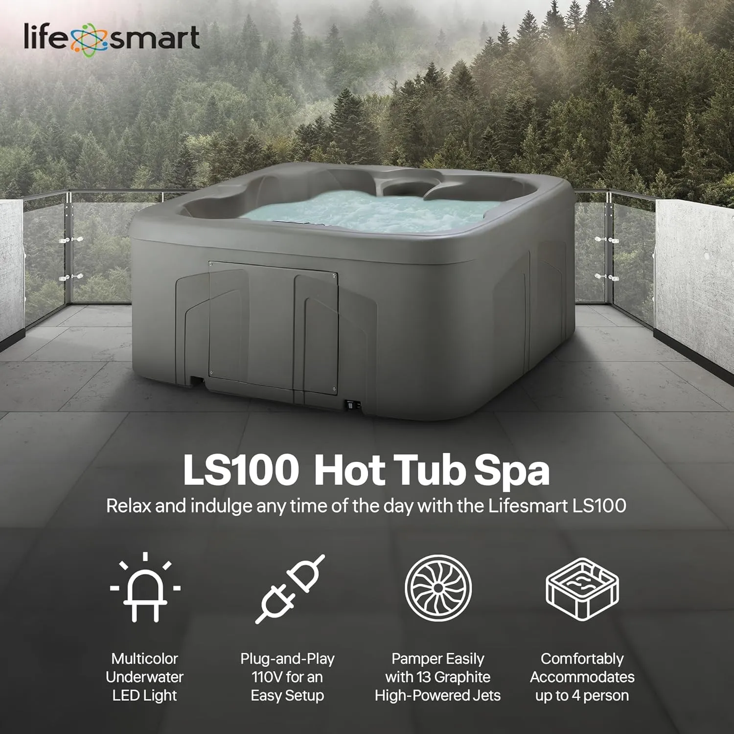 LifeSmart 4-Person Hot Tub with 13 High-Powered Jets & LED Lighting, Square, Taupe - Outdoor Spa w/ 4 Bucket Seats, Pump & Cover, 205-Gallon Water Capacity