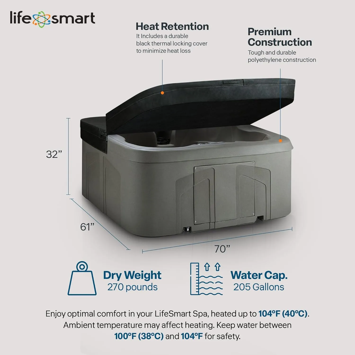 LifeSmart 4-Person Hot Tub with 13 High-Powered Jets & LED Lighting, Square, Taupe - Outdoor Spa w/ 4 Bucket Seats, Pump & Cover, 205-Gallon Water Capacity
