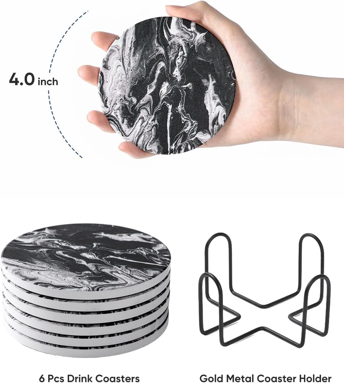 LIFVER Coasters Set of 6 Absorbent Drink Coasters with Holder, Black Marble Style Ceramic Stone Coasters for Home Decor Coffee Table Protection, 4 Inches Suitable for Kinds of Cups Housewarming Gift