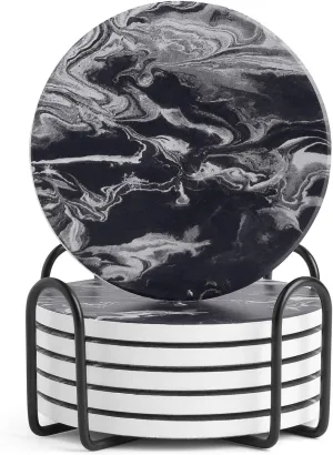 LIFVER Coasters Set of 6 Absorbent Drink Coasters with Holder, Black Marble Style Ceramic Stone Coasters for Home Decor Coffee Table Protection, 4 Inches Suitable for Kinds of Cups Housewarming Gift