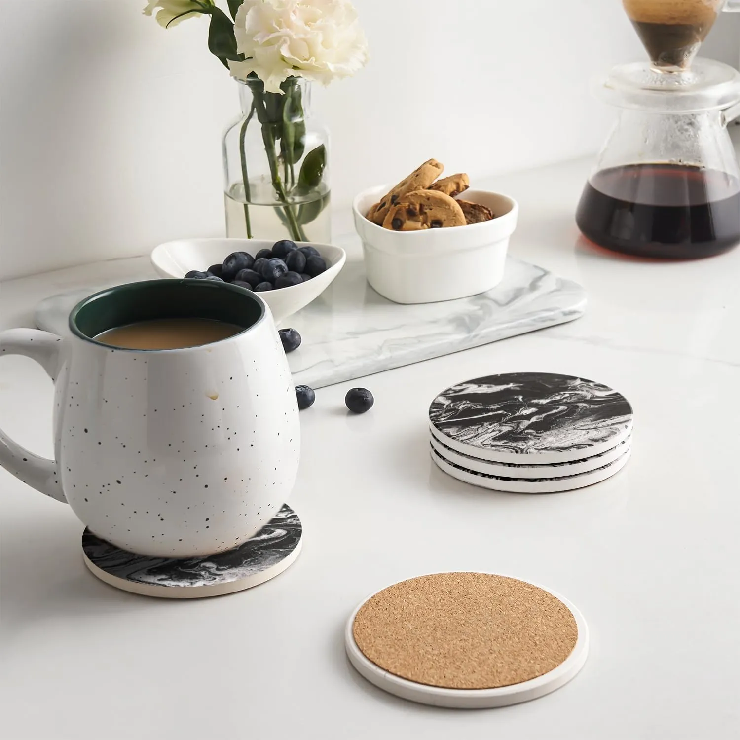 LIFVER Coasters Set of 6 Absorbent Drink Coasters with Holder, Black Marble Style Ceramic Stone Coasters for Home Decor Coffee Table Protection, 4 Inches Suitable for Kinds of Cups Housewarming Gift