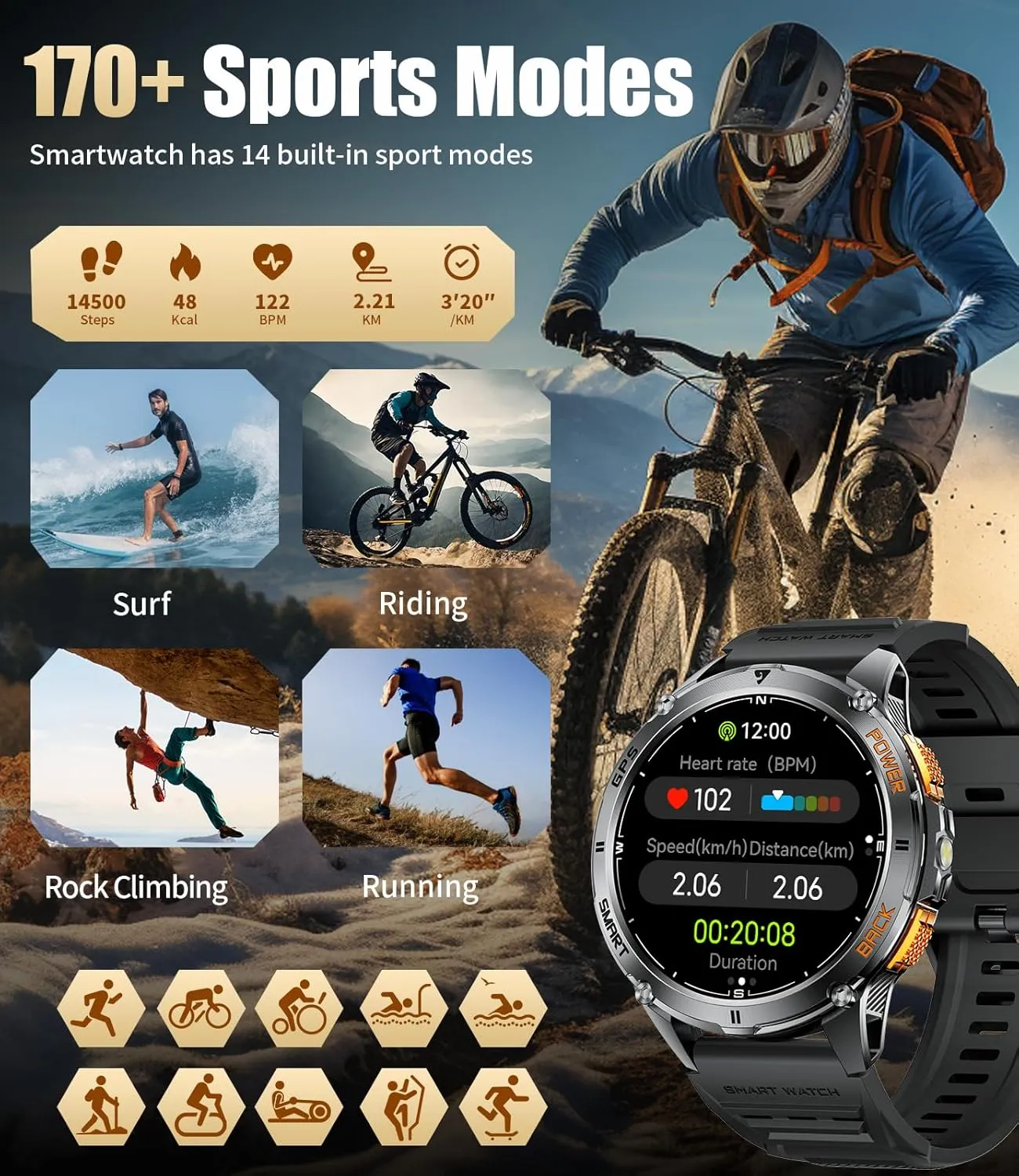 LIGE GPS Smart Watch for Men, Compass/LED Flashlight/6 Satellite Positioning/1.43" AMOLED Smartwatch, 100  Sports Mode Fitness Tracker Watch for Android iOS, IP68 Waterproof Watch for Swimming