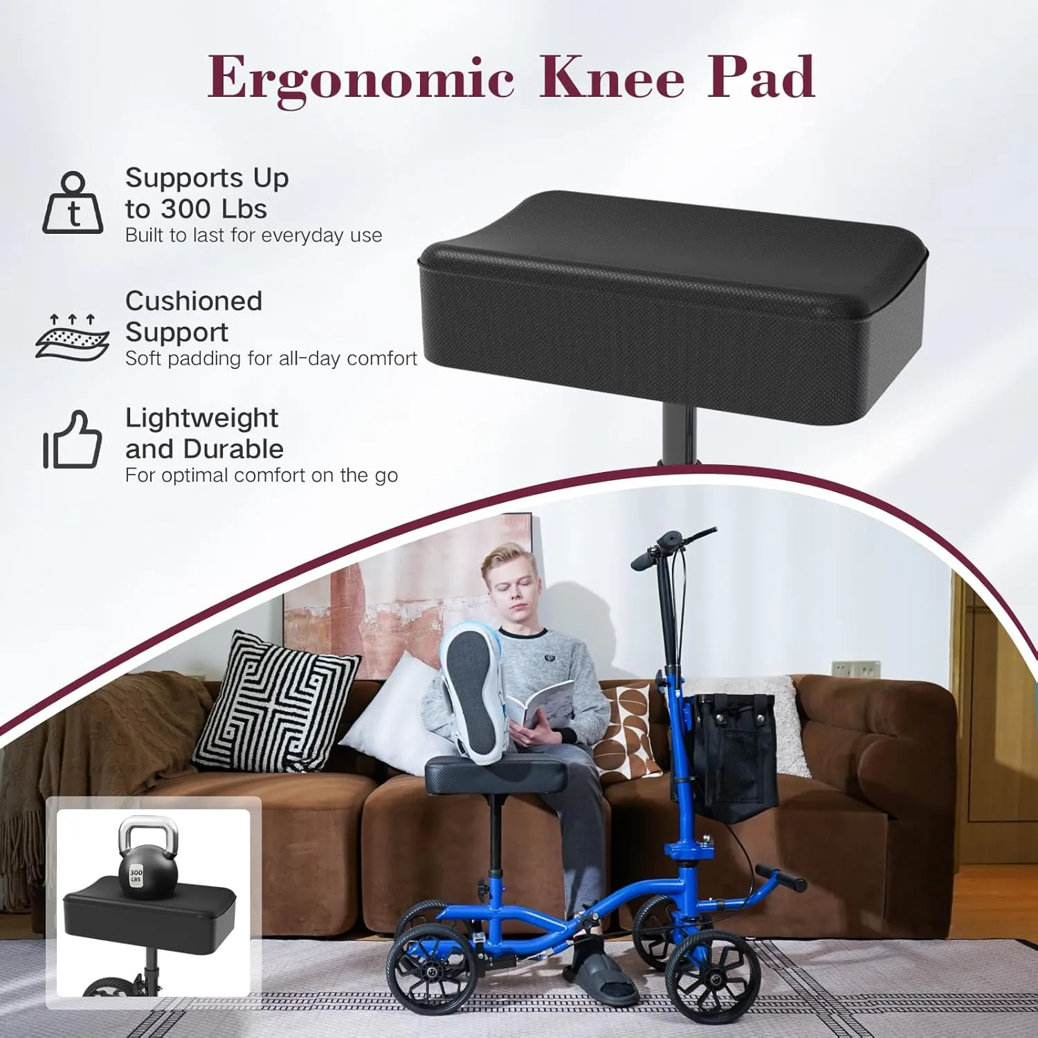 Lightweight Knee Scooter,Foldable & Adjustable Knee Scooter for Adults for Foot Surgery,Steerable Knee Walker with Detachable Basket,Includes DIY Stickers, Crutch Alternative-Dark Blue