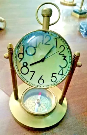 LINE WOOD™ - Handmade Antique Brass Table Clock Desk Clock Nautical Vintage Maritime Small Table Watch Compass Bold Number for Home & Office Decor (4 Inch - Antique Brown)