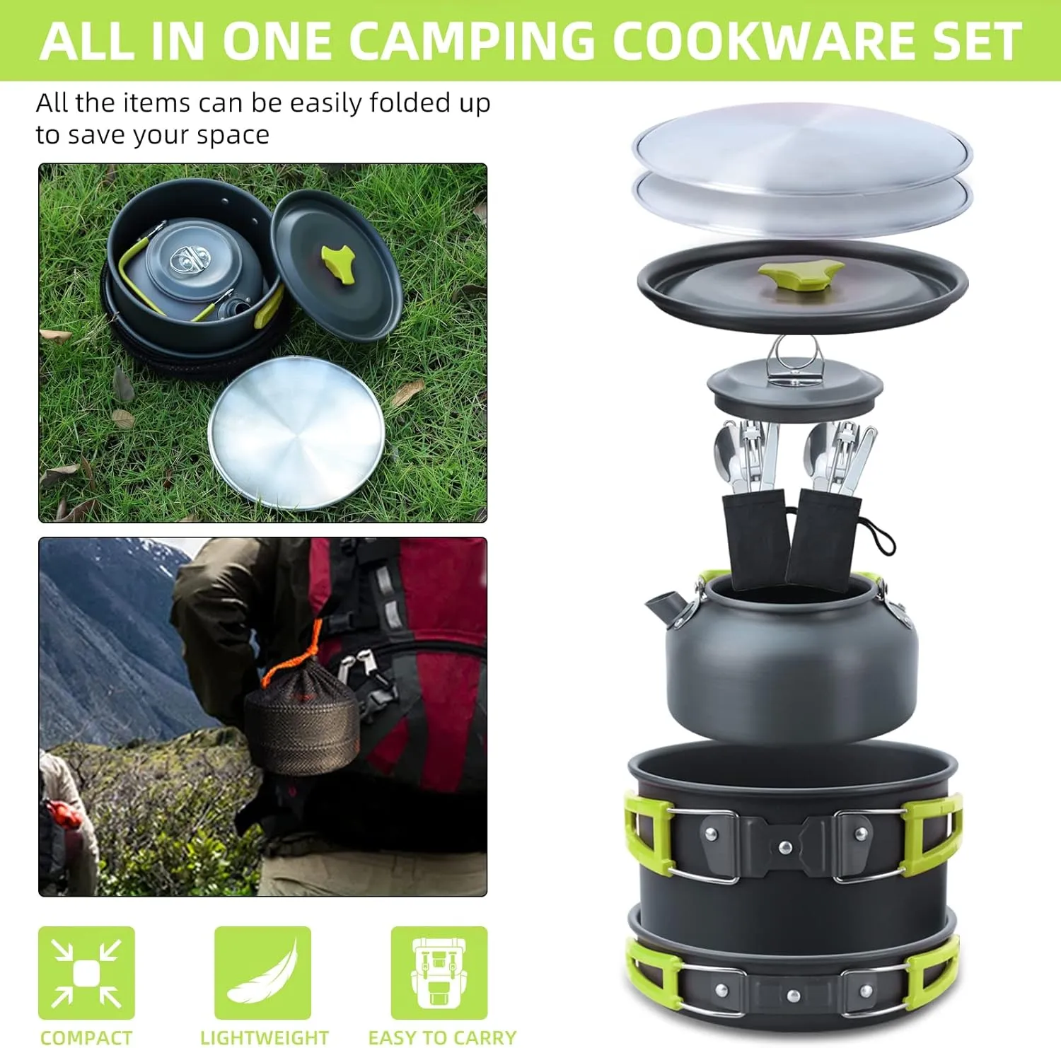 LIXADA 16pcs Camping Cookware Mess Kit, Non-Stick Lightweight Pot Pan Kettle Set with Stainless Steel Plates Forks Knives Spoons, Portable Camping Cooking Set for Outdoor Backpacking Hiking Picnic
