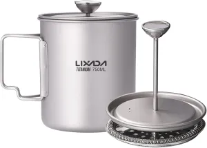 LIXADA Titanium French Press Coffee Maker, 750ml, Corrosion Resistant, Foldable Handle, Outdoor Camping Cooking Pot