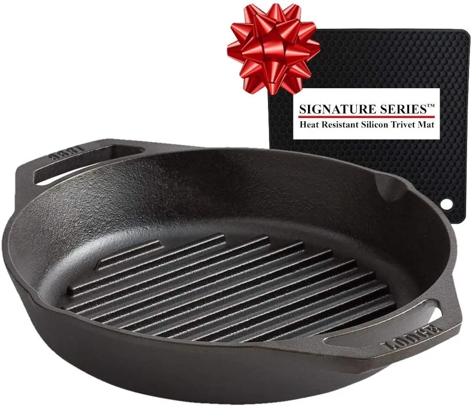 Lodge 10.25 Inch Pre-Seasoned Cast Iron Dual Handle Grill Pan, Ready for the Stove, Grill or Campfire   Signature Series Heat Resistant Silicon Pot Holder Trivet Mat