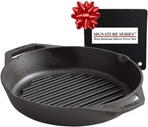 Lodge 10.25 Inch Pre-Seasoned Cast Iron Dual Handle Grill Pan, Ready for the Stove, Grill or Campfire   Signature Series Heat Resistant Silicon Pot Holder Trivet Mat