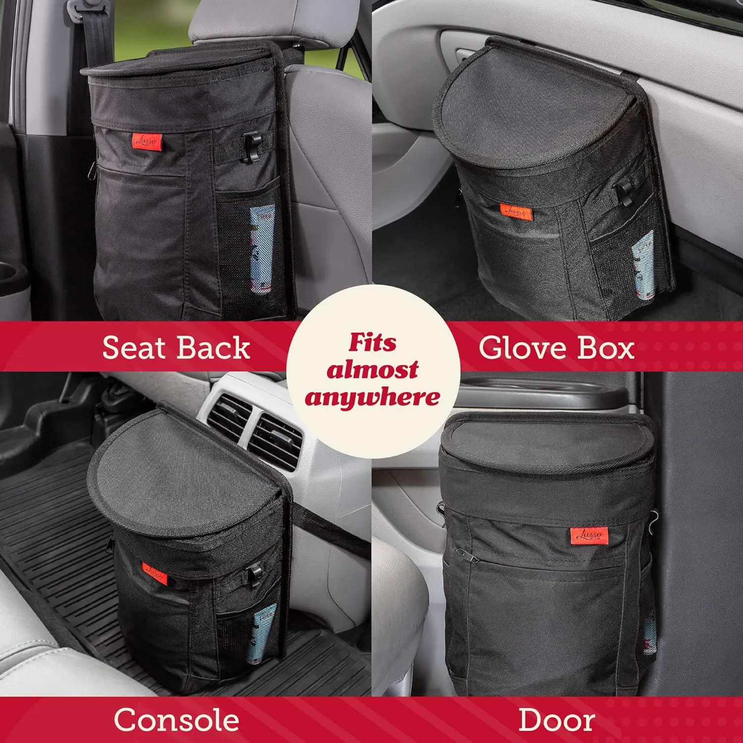 Lusso Gear Car Trash Can with Lid and Removeable Liner, Hanging Car Trash Bag with Hooks, Waterproof Fabric Car Garbage Bin, Automotive Travel, Trashcan car Accessories, for Truck Van and SUV (Red)
