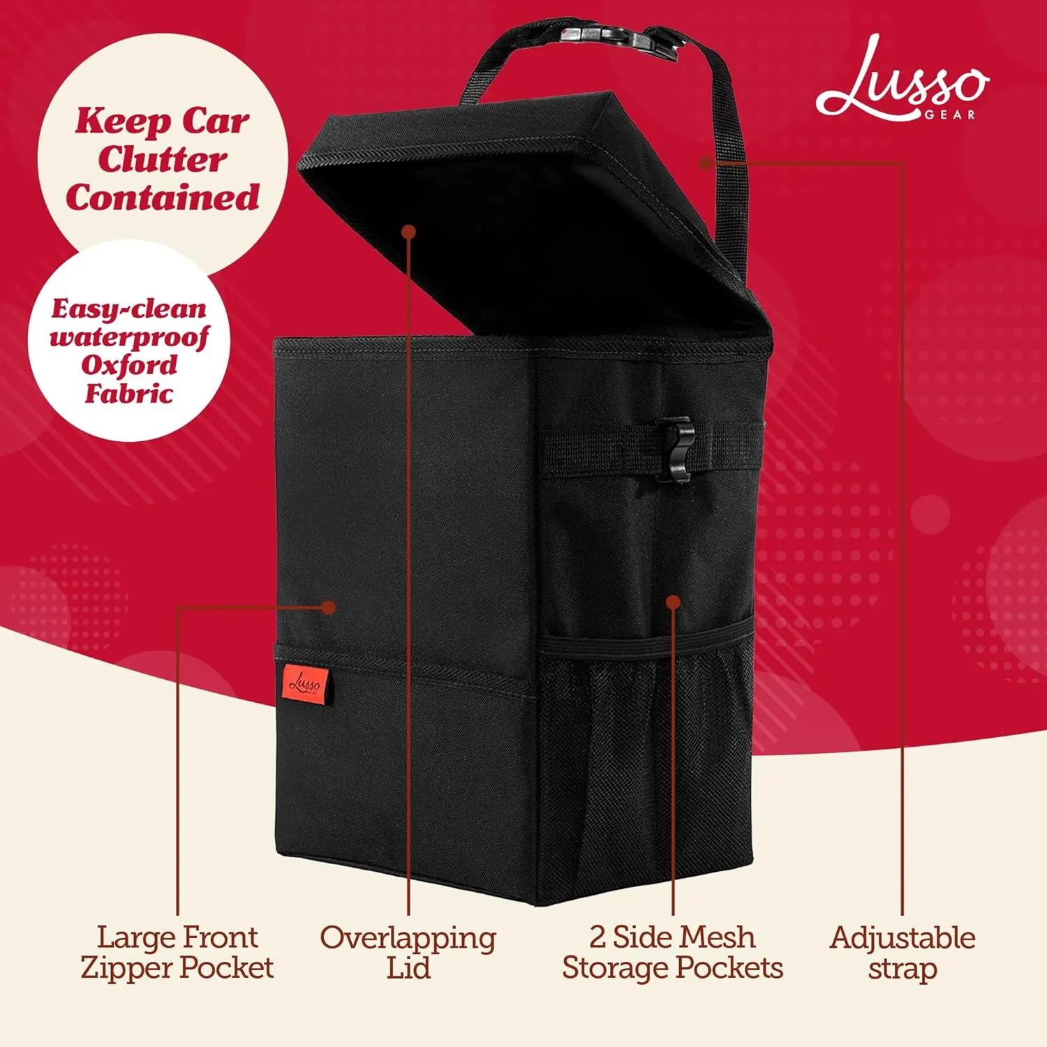 Lusso Gear Car Trash Can with Lid and Removeable Liner, Hanging Car Trash Bag with Hooks, Waterproof Fabric Car Garbage Bin, Automotive Travel, Trashcan car Accessories, for Truck Van and SUV (Red)