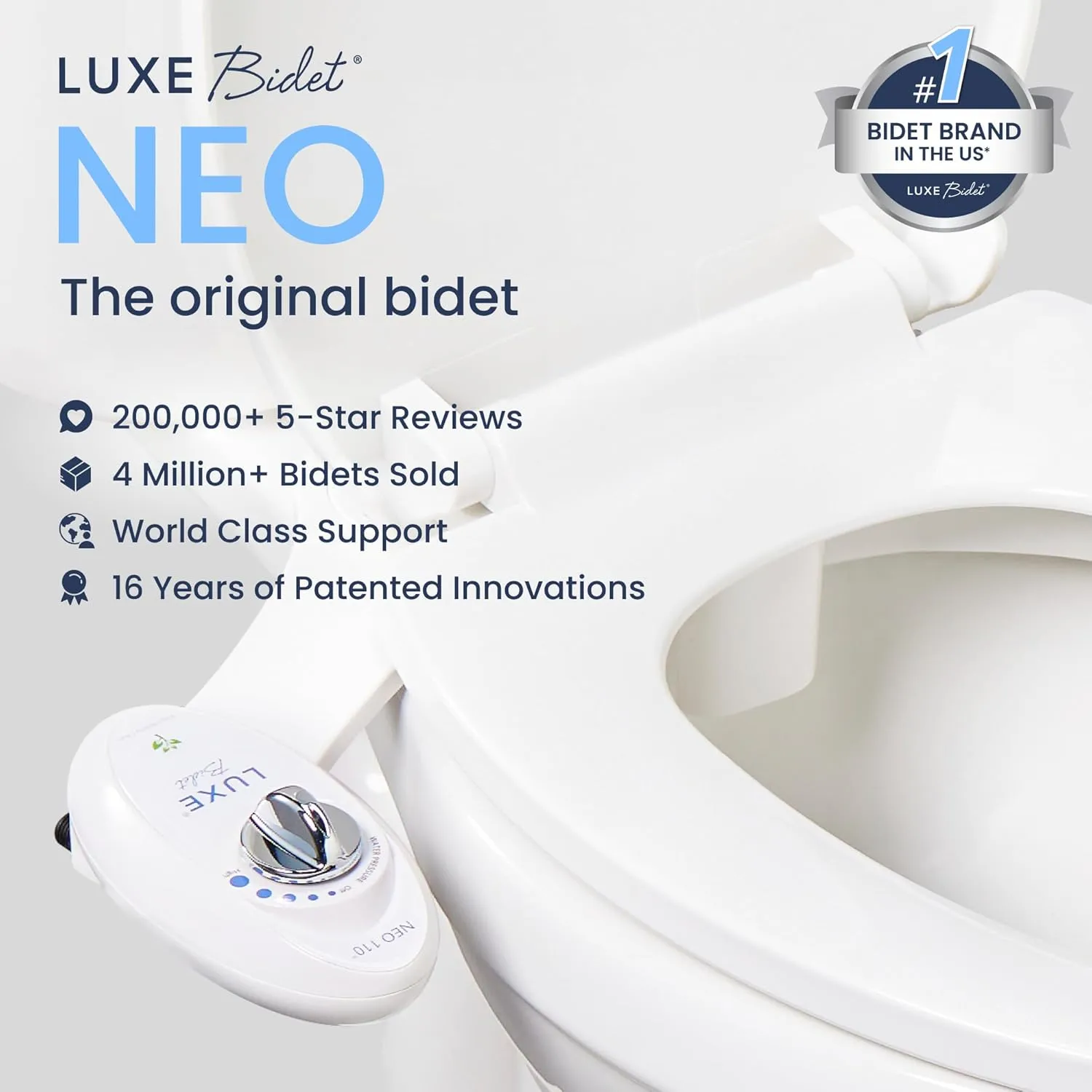 LUXE Bidet NEO 110 - Fresh Water Non-Electric Bidet Attachment for Toilet Seat, Adjustable Water Pressure, Rear Wash (White)