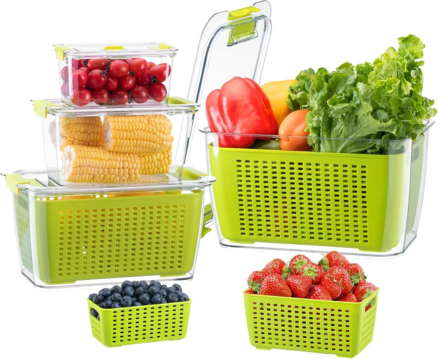 LUXEAR Fruit Vegetable Storage Container, 4 Pack Fresh Containers for Fridge with Lids BPA-Free Produce Refrigerator Organizer for Fruit, Veggie, Berry, Meat Storage Keep Fresh Longer-Green
