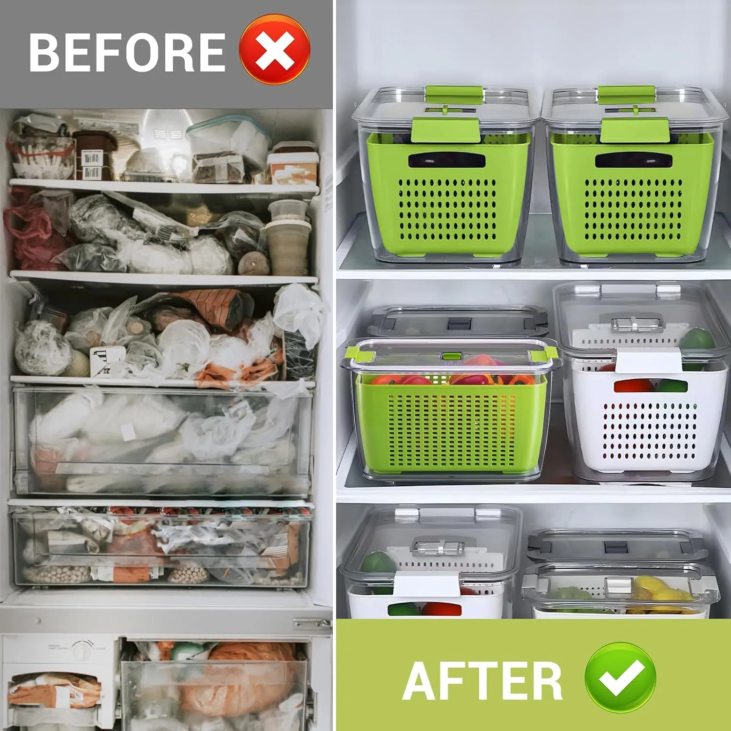 LUXEAR Fruit Vegetable Storage Container, 4 Pack Fresh Containers for Fridge with Lids BPA-Free Produce Refrigerator Organizer for Fruit, Veggie, Berry, Meat Storage Keep Fresh Longer-Green