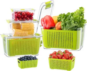LUXEAR Fruit Vegetable Storage Container, 4 Pack Fresh Containers for Fridge with Lids BPA-Free Produce Refrigerator Organizer for Fruit, Veggie, Berry, Meat Storage Keep Fresh Longer-Green